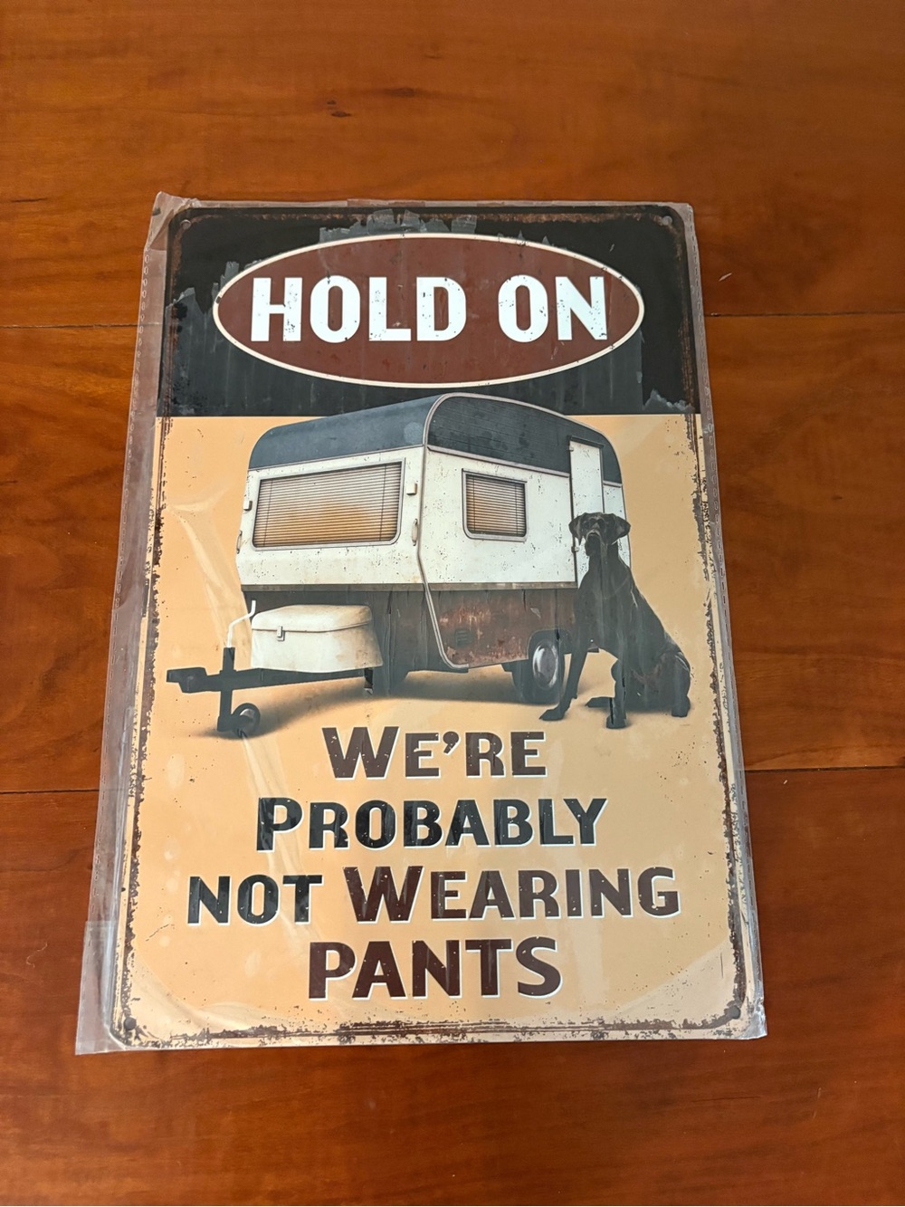 Funny RV Camper Metal Sign Hold On We’re Probably Not Wearing Pants 12x8